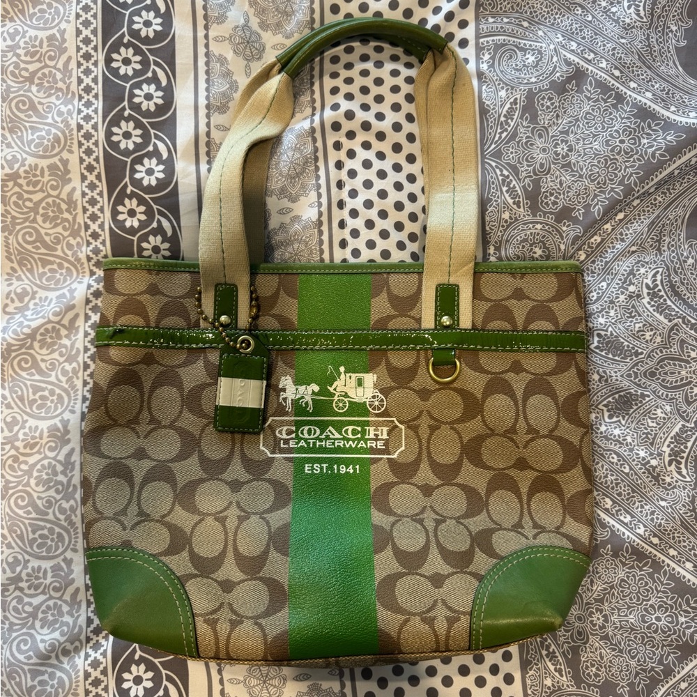 Coach Green and Tan Signature Tote Bag